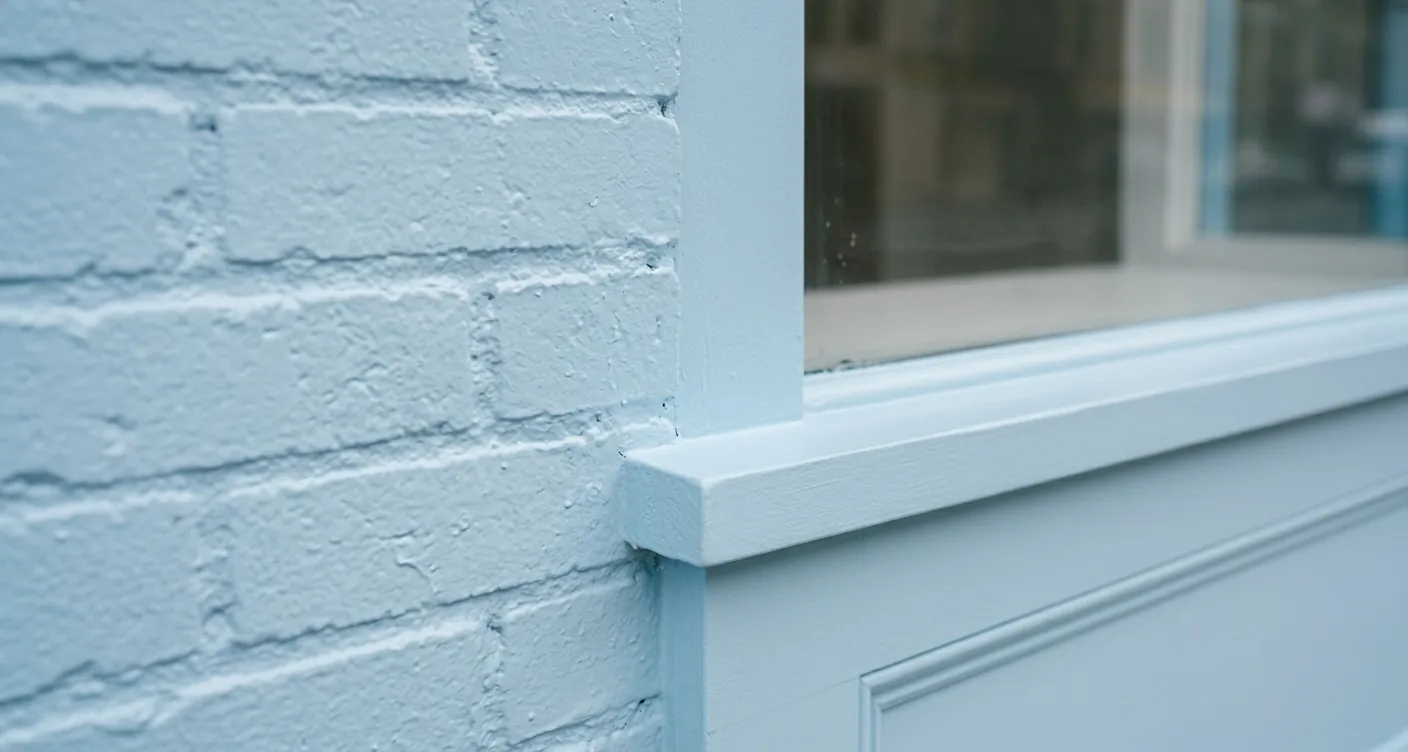 Close-up of freshly painted brick and window trim on a storefront