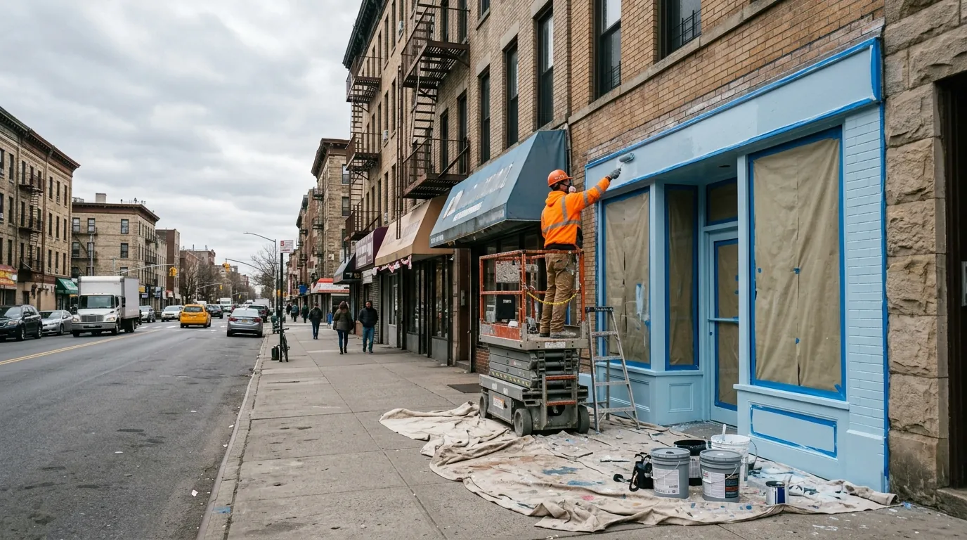 Painter on a lift painting a storefront exterior