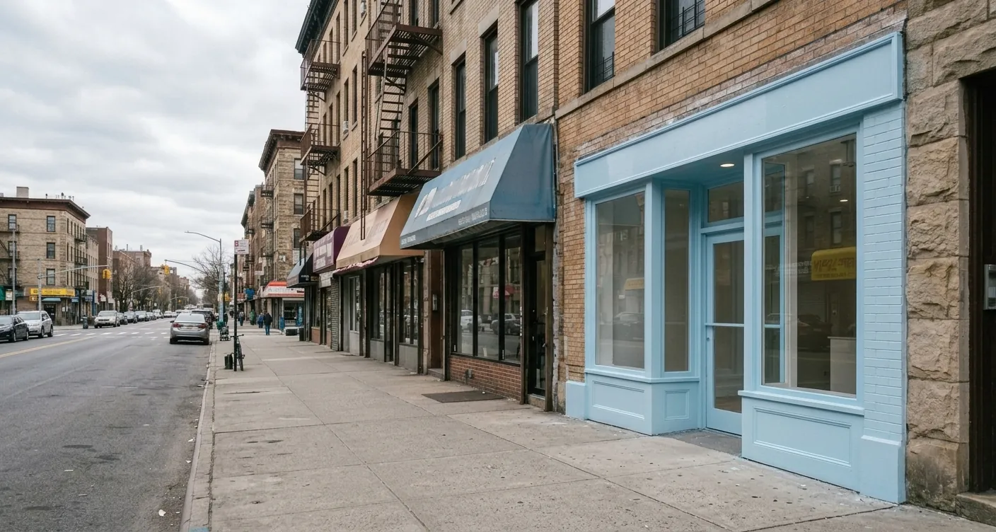 Freshly painted storefront exterior along a NYC commercial block