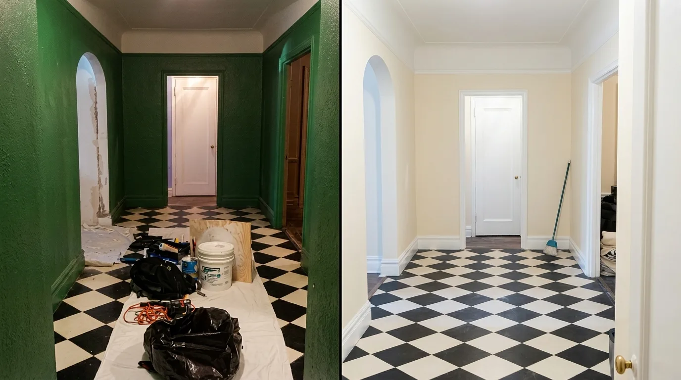 Before and after of a checkerboard-floor hallway repainted by GCA