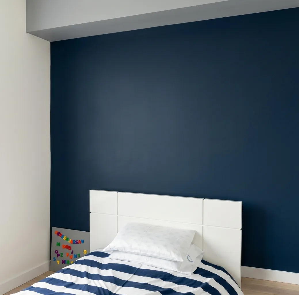 Navy accent wall in a Manhattan bedroom, freshly painted by GCA