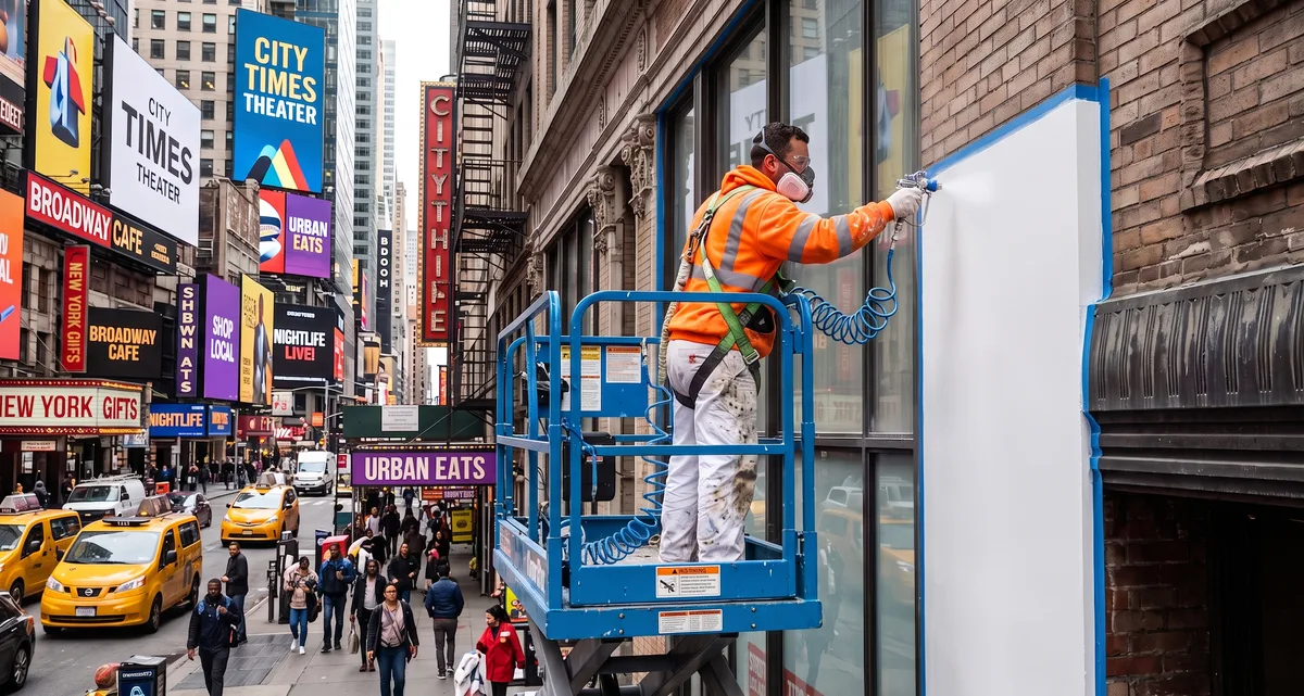 GCA Painting crew spray-painting a commercial storefront in NYC